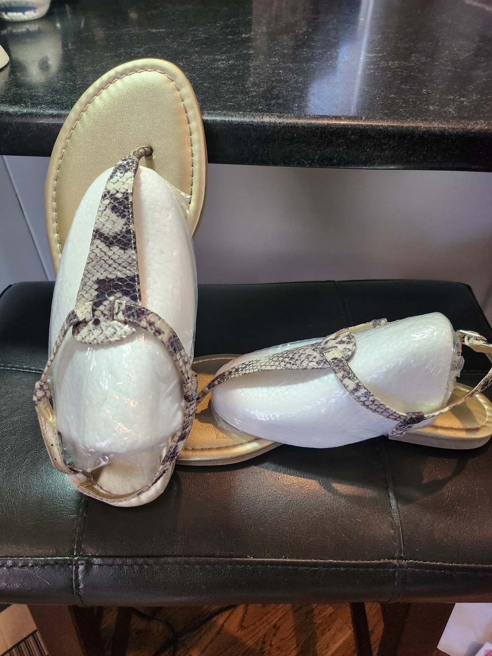 Jessica Simpson Gold Footbed Sandals with Snake-Print T-Strap